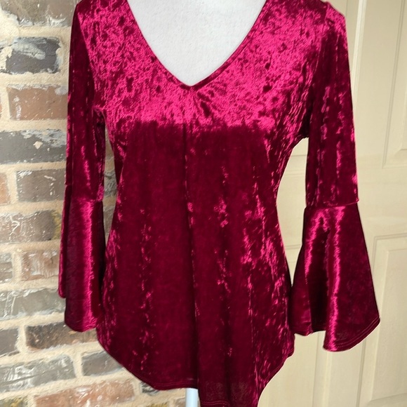 S Levine Crushed Velour Fit & Flare Top Cranberry V-neck Festive Bell Sleeve SM - Picture 6 of 13